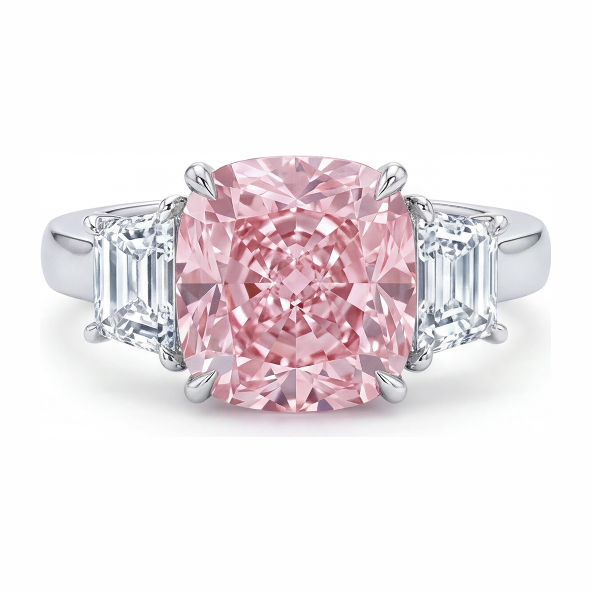 Pink Engagement Ring 6 Carat Lab Grown Cushion Diamond Three Stone 14K White Gold