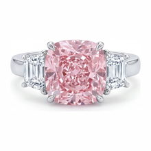 Pink Engagement Ring 6 Carat Lab Grown Cushion Diamond Three Stone 14K White Gold