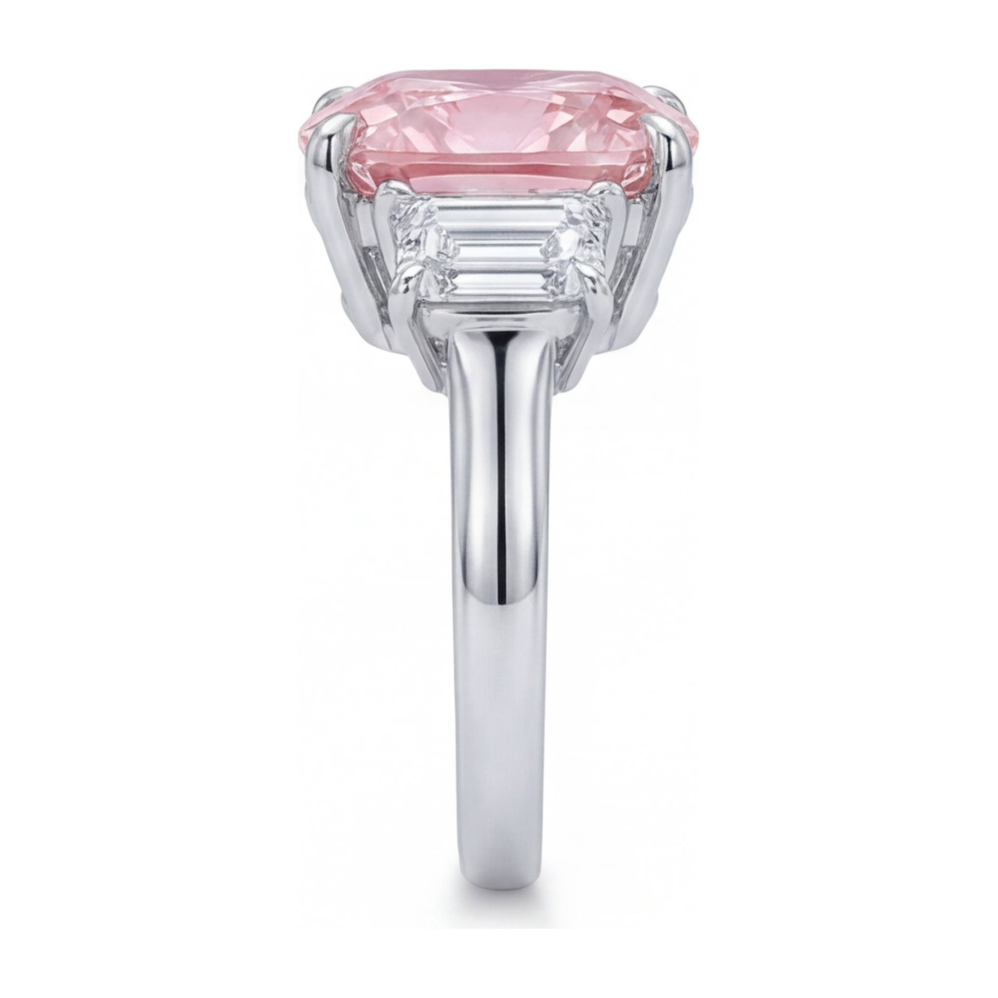 Pink Engagement Ring 6 Carat Lab Grown Cushion Diamond Three Stone 14K White Gold