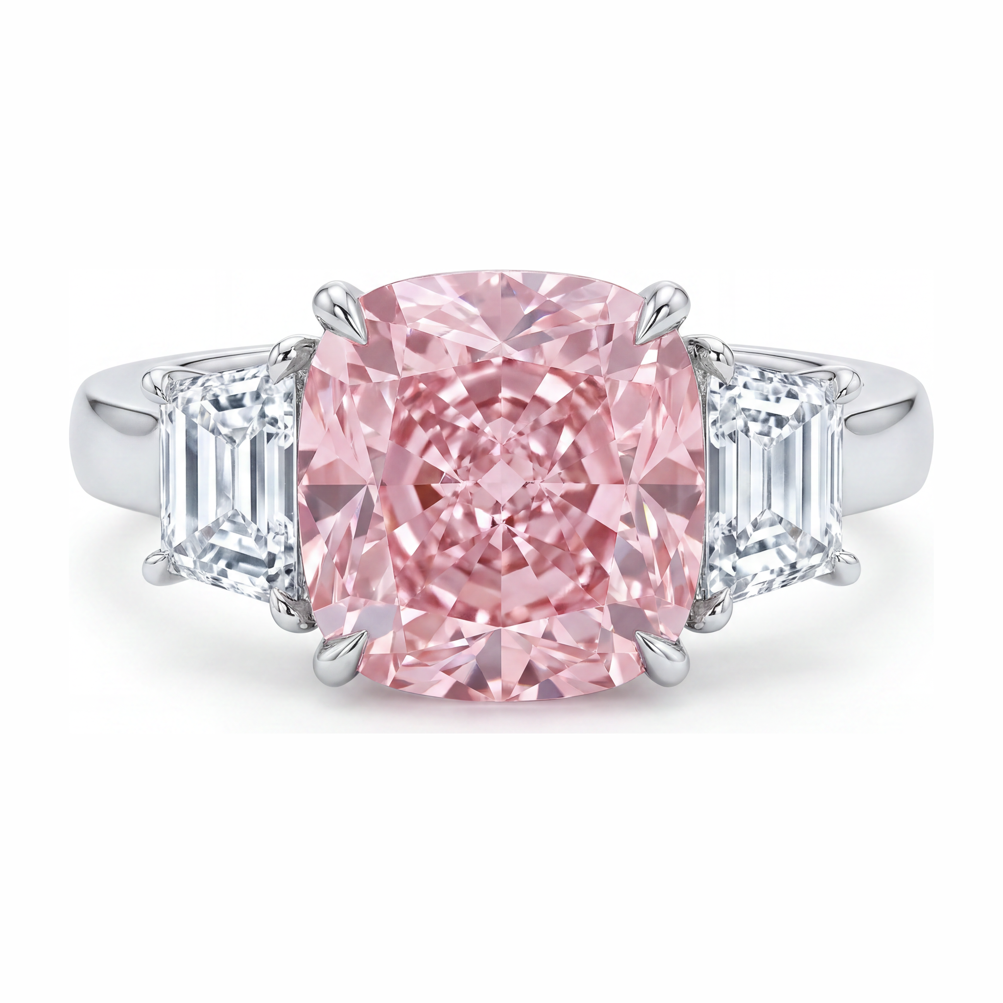 Pink Engagement Ring 6 Carat Lab Grown Cushion Diamond Three Stone 14K White Gold