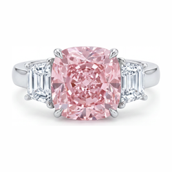 Pink Engagement Ring 6 Carat Lab Grown Cushion Diamond Three Stone 14K White Gold