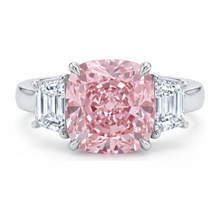Pink Engagement Ring 6 Carat Lab Grown Cushion Diamond Three Stone 14K White Gold