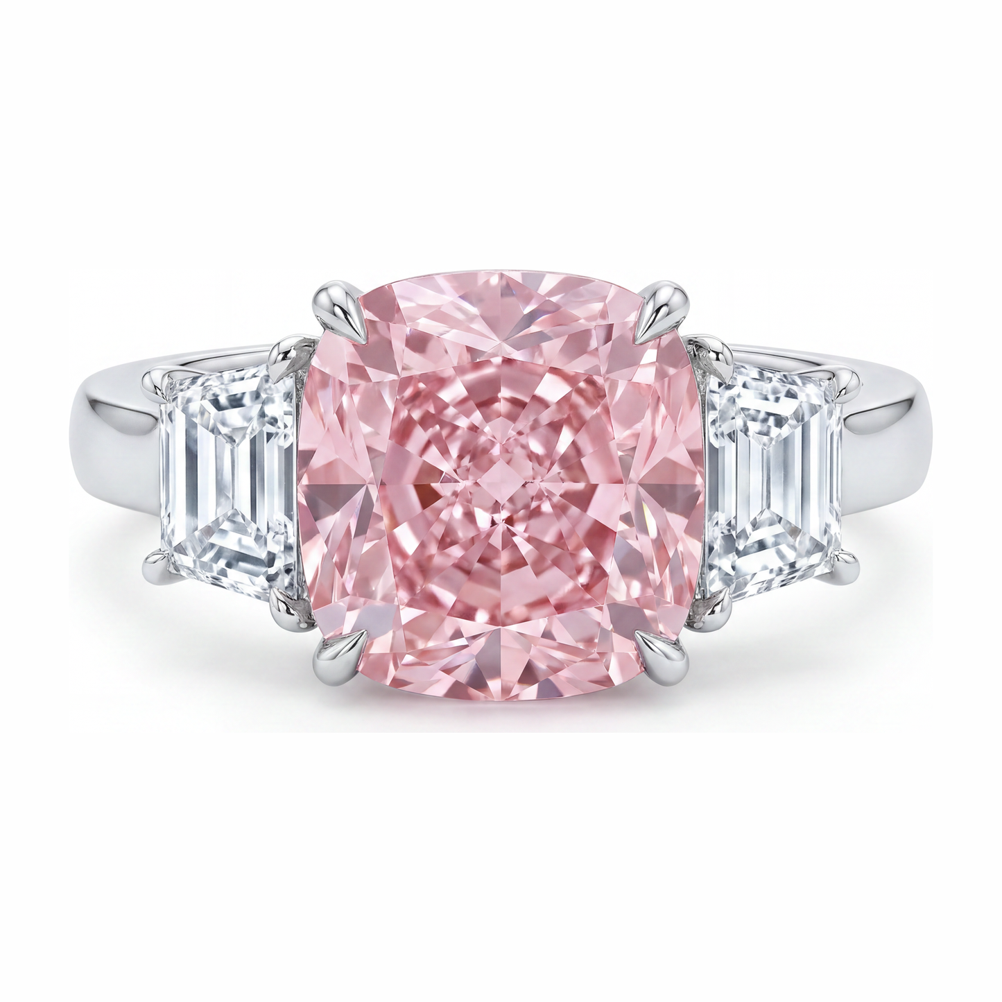 Pink Engagement Ring 6 Carat Lab Grown Cushion Diamond Three Stone 14K White Gold