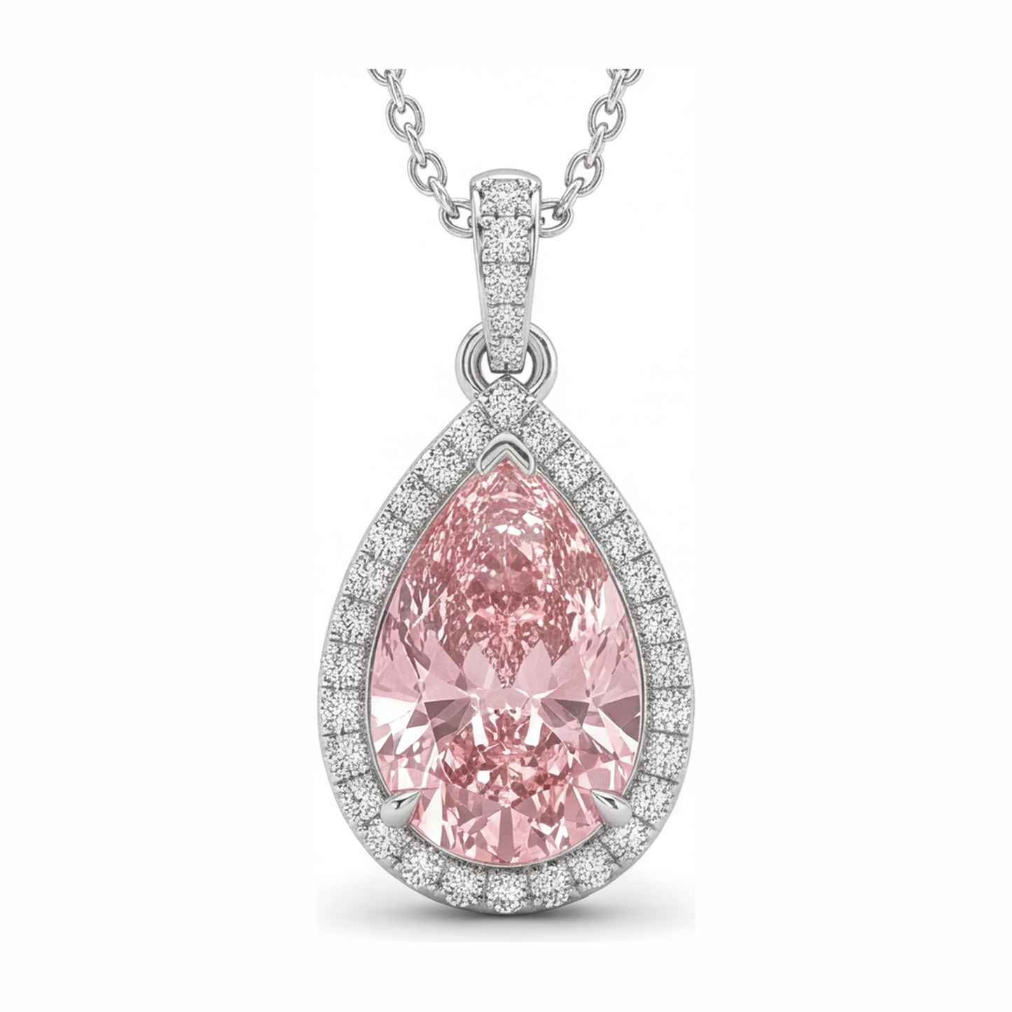 Pink Diamond Pendant 6 Carat Lab Grown Pear Halo 14K White Gold
