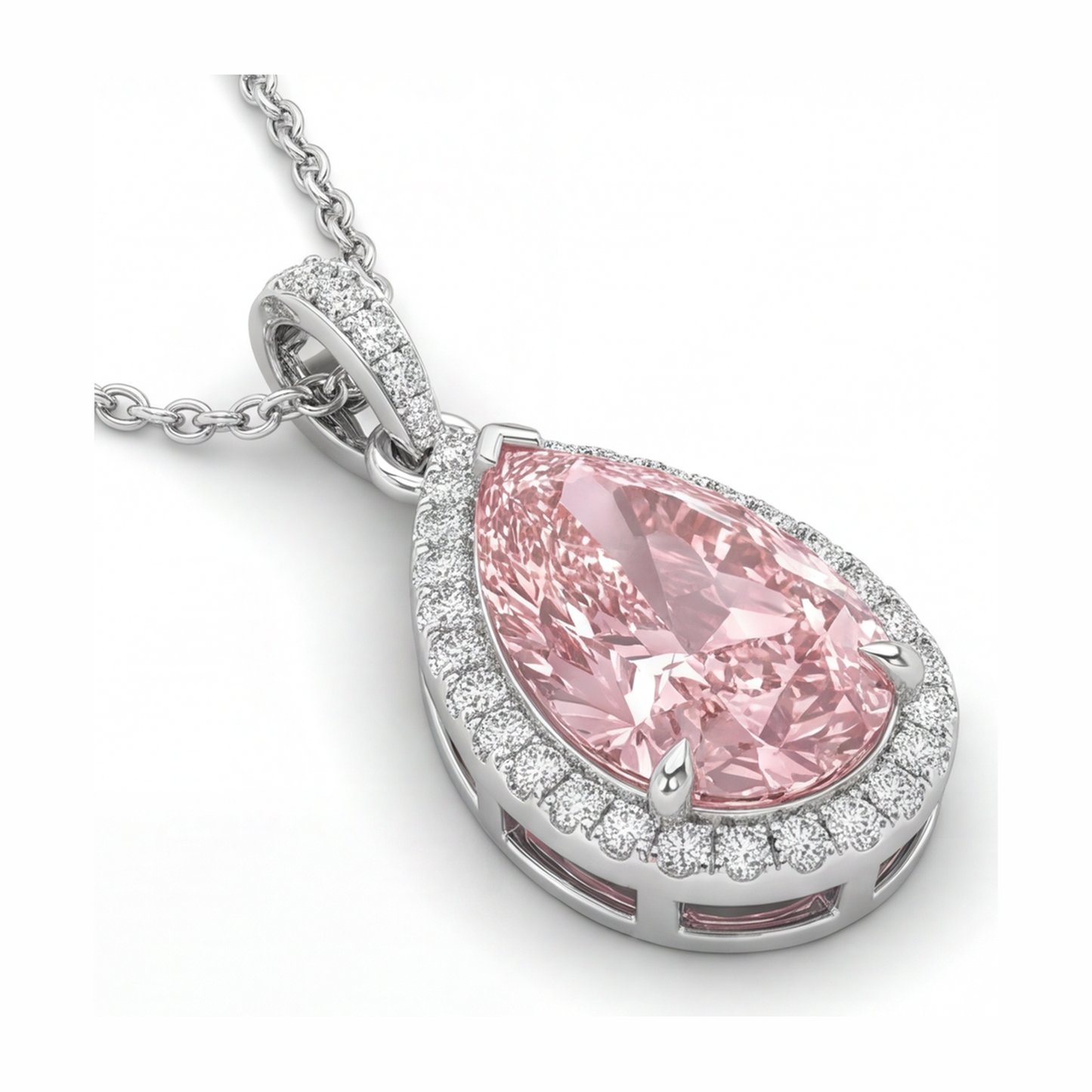 Pink Diamond Pendant 6 Carat Lab Grown Pear Halo 14K White Gold