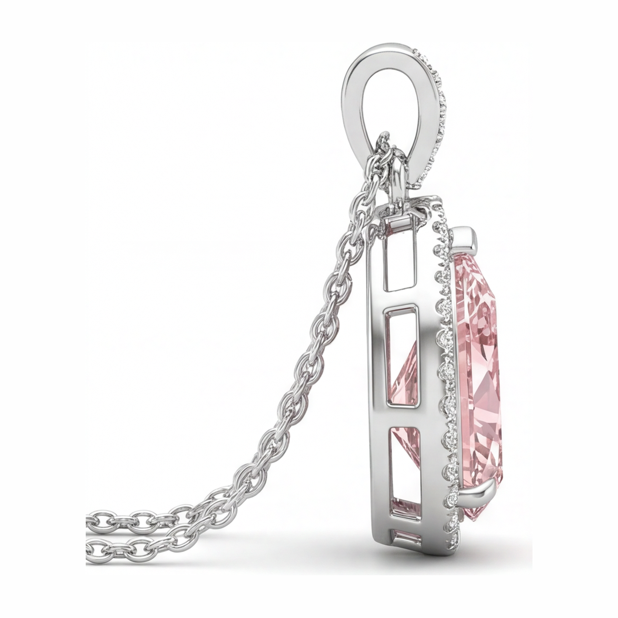 Pink Diamond Pendant 6 Carat Lab Grown Pear Halo 14K White Gold