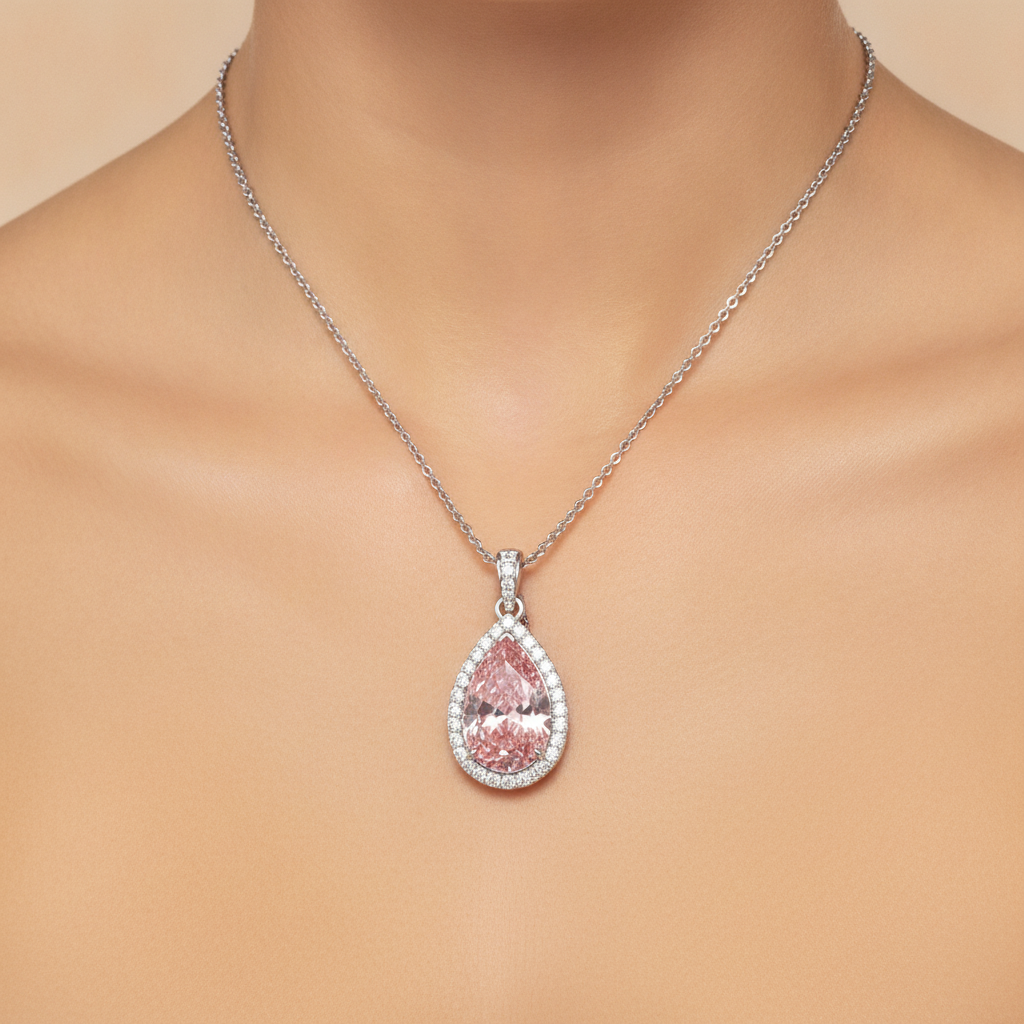 Pink Diamond Pendant 6 Carat Lab Grown Pear Halo 14K White Gold