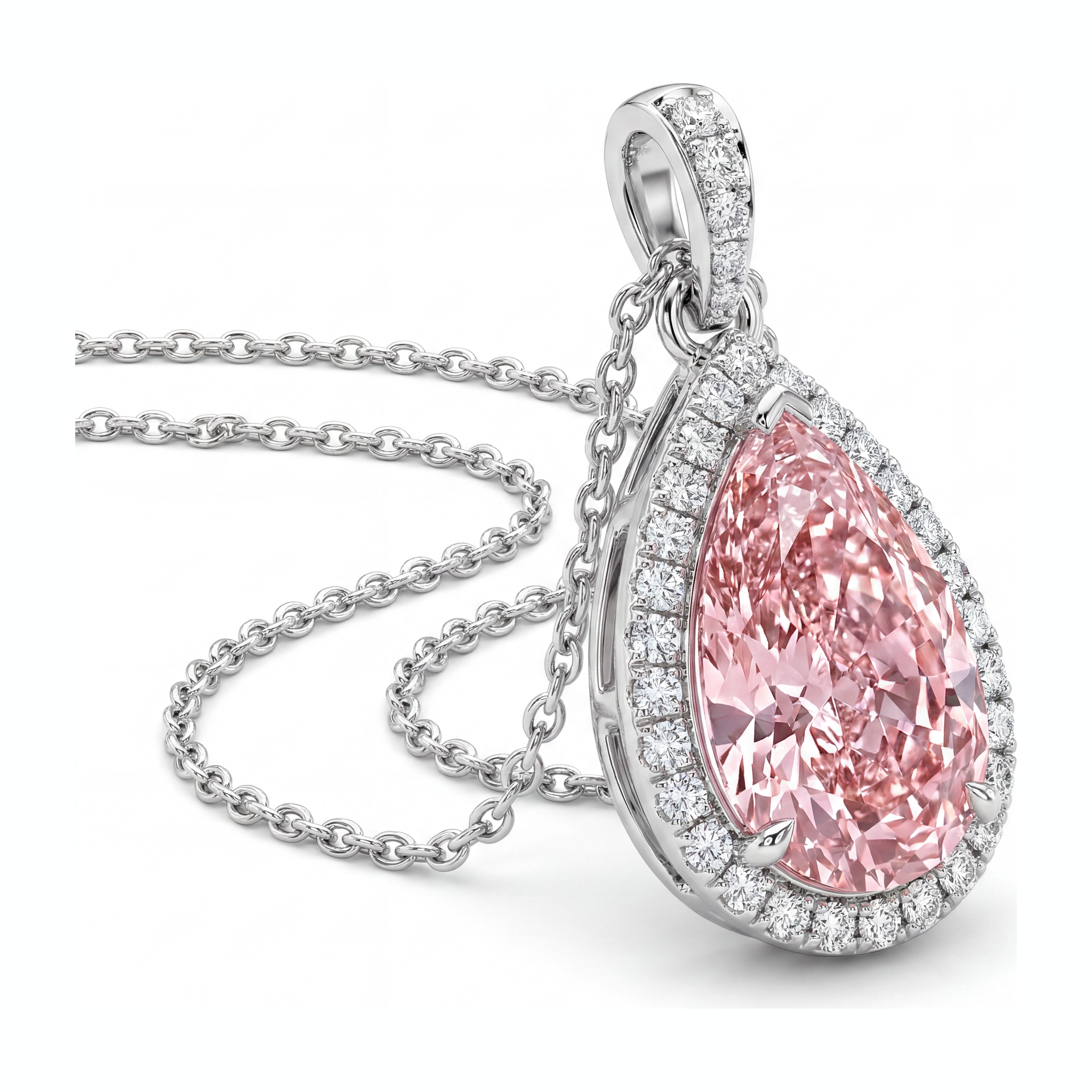Pink Diamond Pendant 6 Carat Lab Grown Pear Halo 14K White Gold