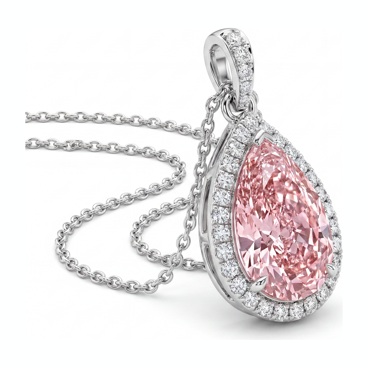 Pink Diamond Pendant 6 Carat Lab Grown Pear Halo 14K White Gold