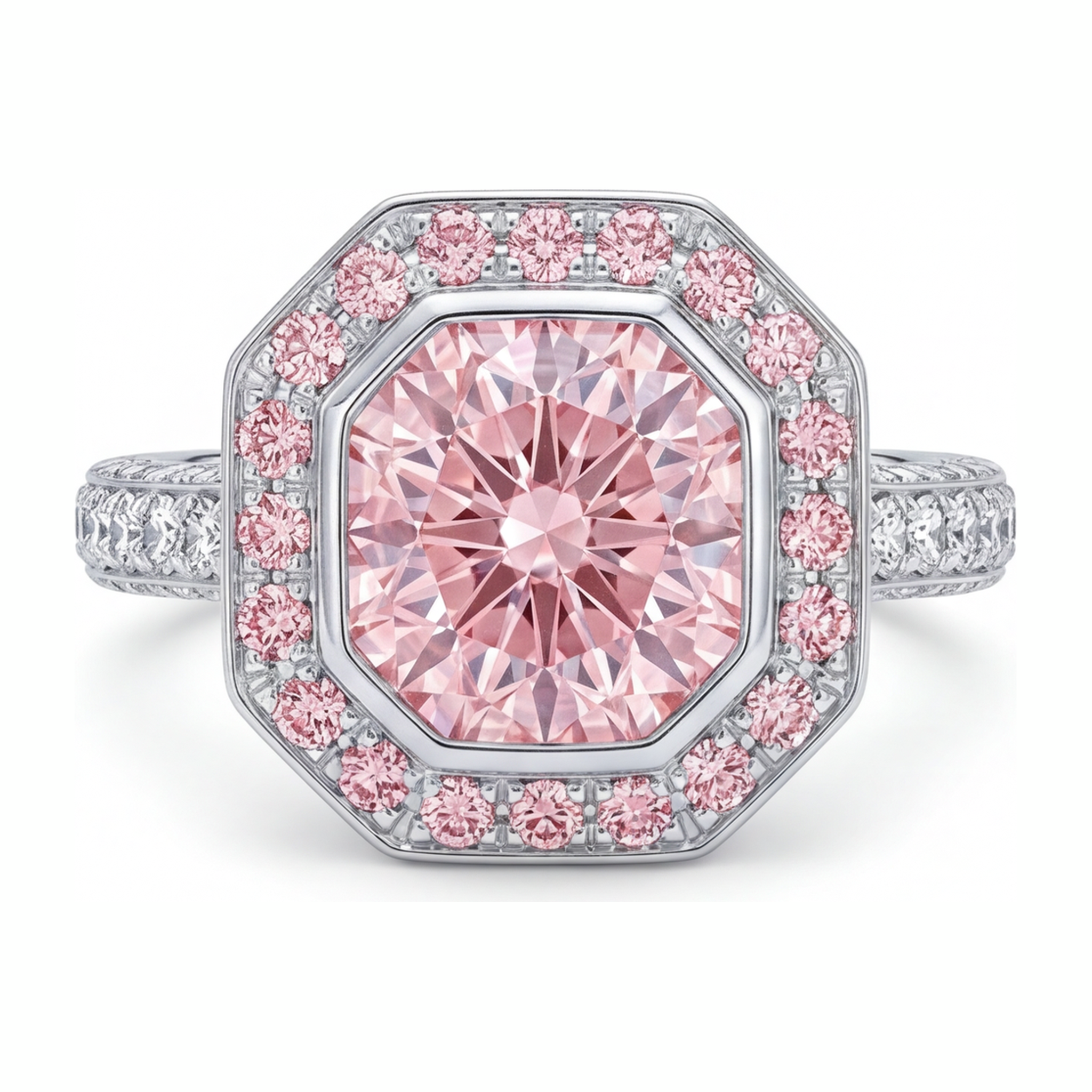 Pink Gemstone Engagement Ring 6 Carat Lab Grown Radiant Diamond Halo 14K White Gold