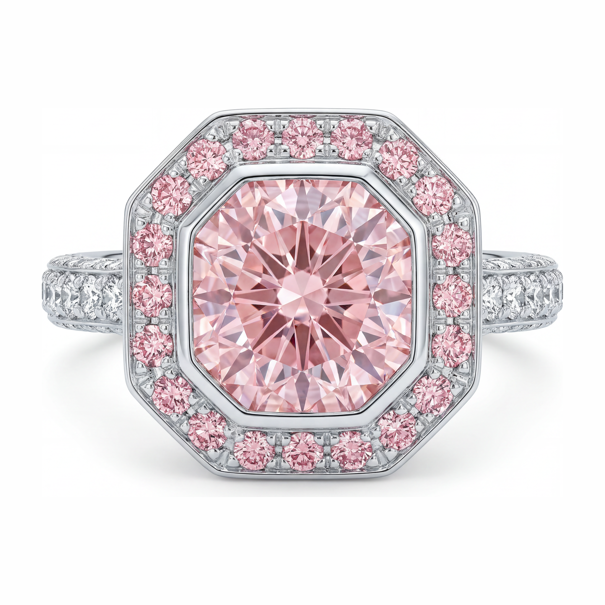 Pink Gemstone Engagement Ring 6 Carat Lab Grown Radiant Diamond Halo 14K White Gold