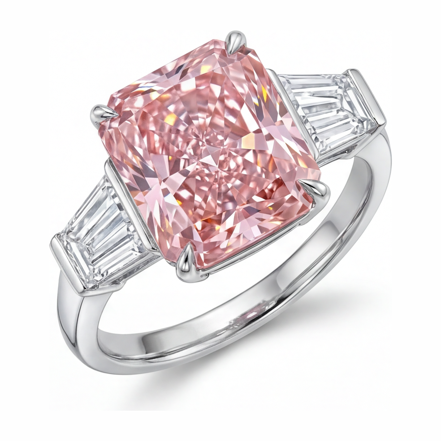 Pink Diamond Ring 6 Carat Lab Grown Radiant Three Stone Cathedral 14K White Gold