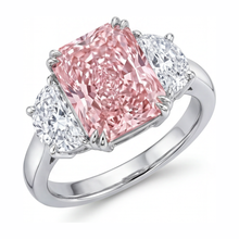 Pink Diamond Ring 6 Carat Lab Grown Radiant Three Stone Plain 14K White Gold