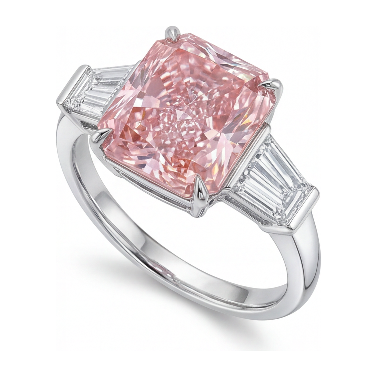 Pink Diamond Ring 6 Carat Lab Grown Radiant Three Stone Cathedral 14K White Gold