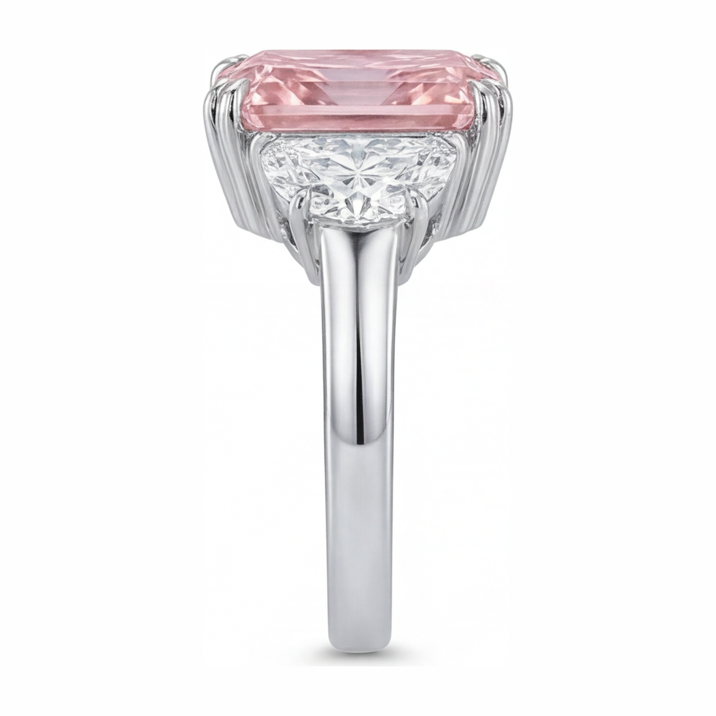 Pink Diamond Ring 6 Carat Lab Grown Radiant Three Stone Plain 14K White Gold