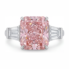 Pink Diamond Ring 6 Carat Lab Grown Radiant Three Stone Cathedral 14K White Gold