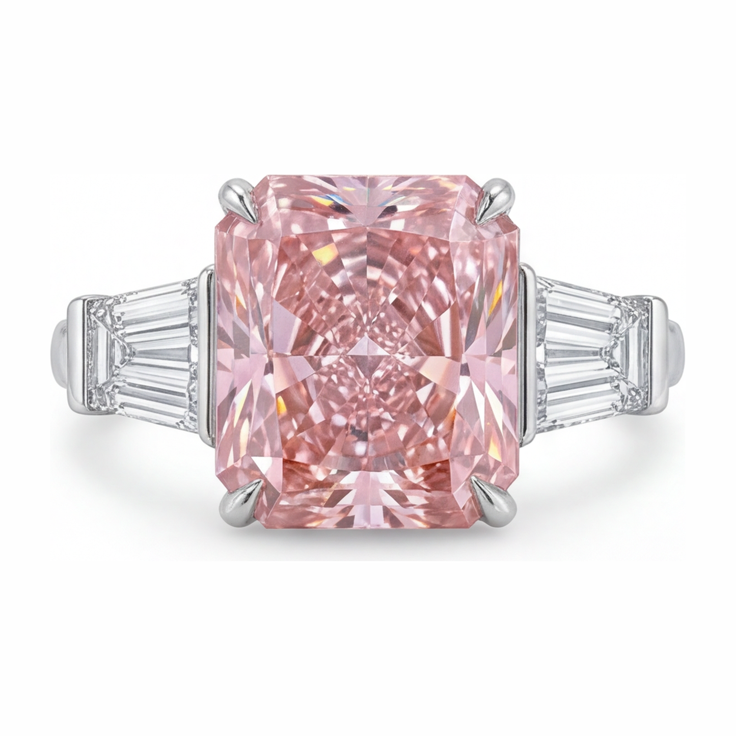 Pink Diamond Ring 6 Carat Lab Grown Radiant Three Stone Cathedral 14K White Gold
