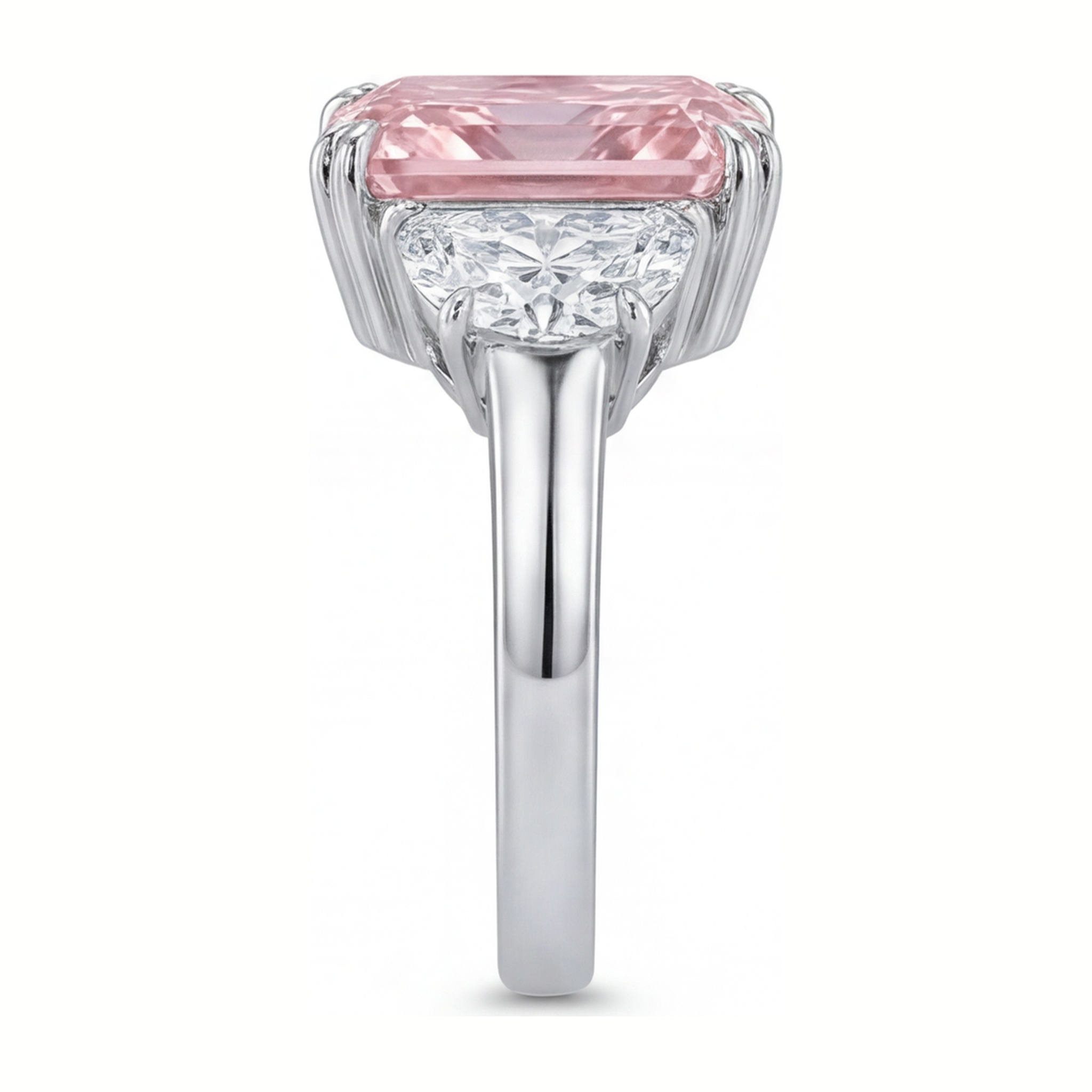 Pink Diamond Ring 6 Carat Lab Grown Radiant Three Stone Plain 14K White Gold