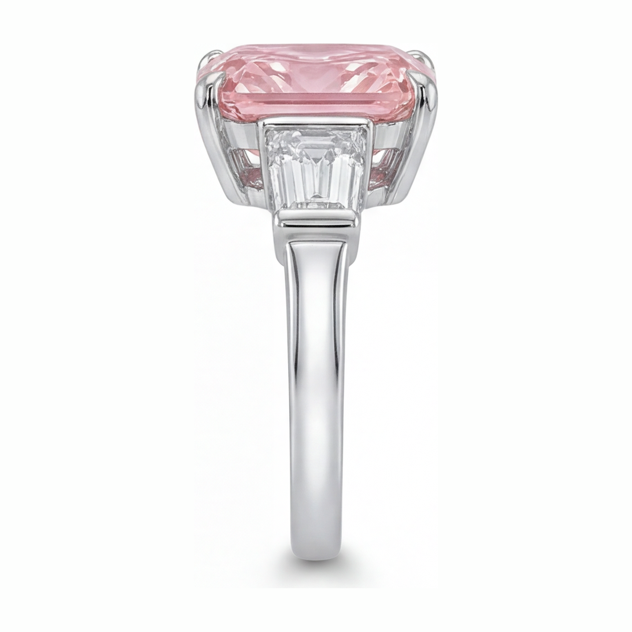 Pink Diamond Ring 6 Carat Lab Grown Radiant Three Stone Cathedral 14K White Gold
