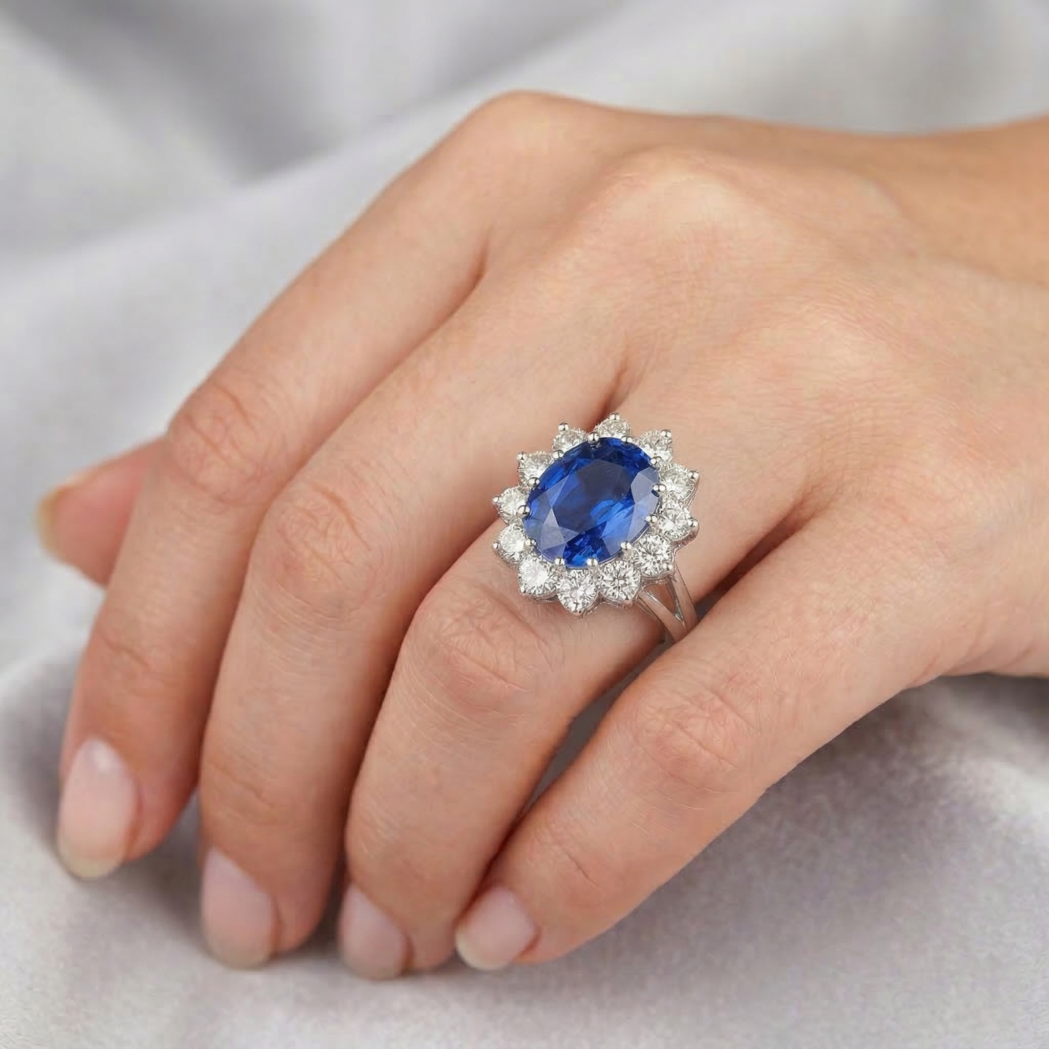 6.50 Carat Flower Sri Lankan Sapphire Ring Natural Earth Mined DIAMOND ( NOT LAB GROWN ) White Gold 14K