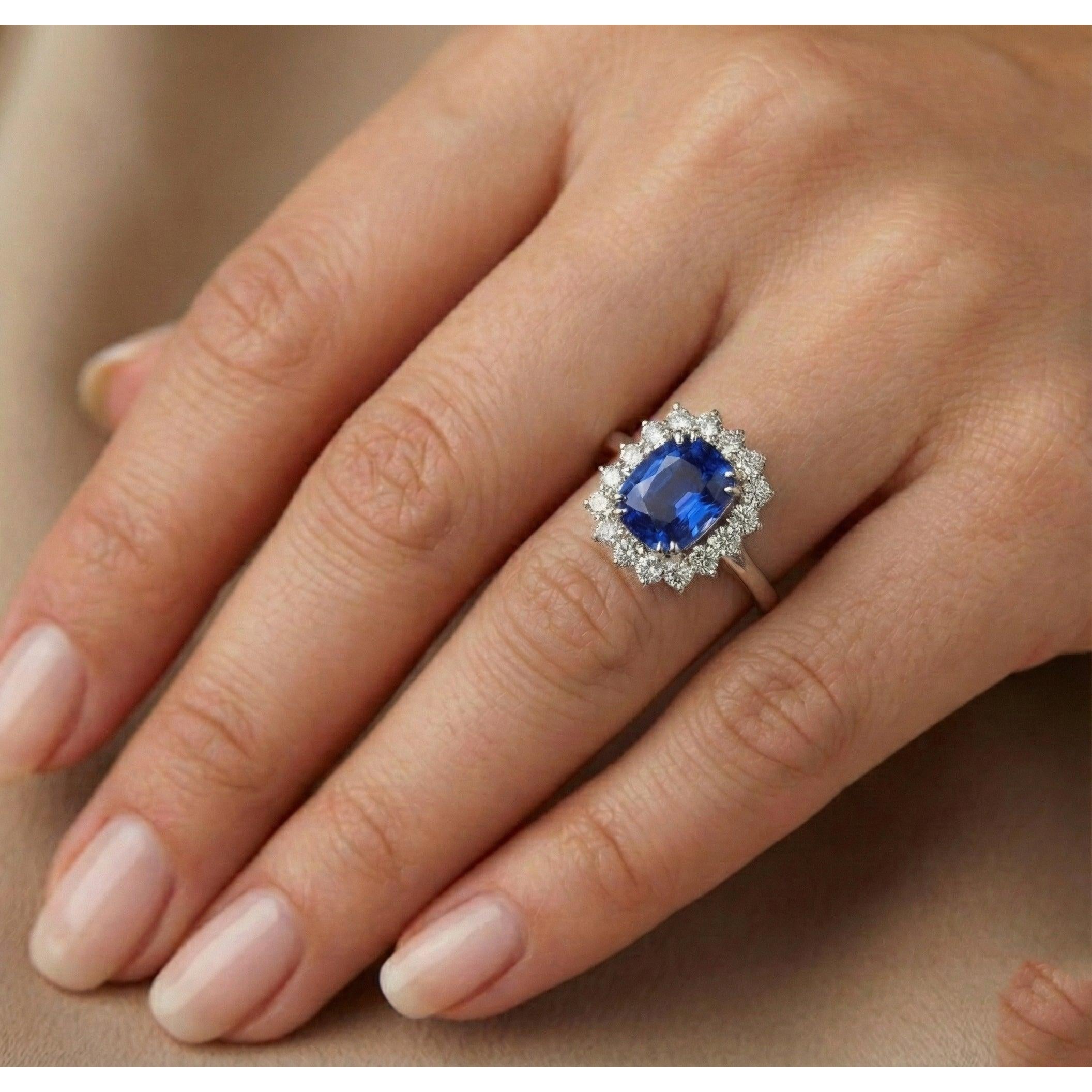6.51 Ct Ring Sri Lanka Sapphire Cushion And Round Natural Earth Mined Diamonds