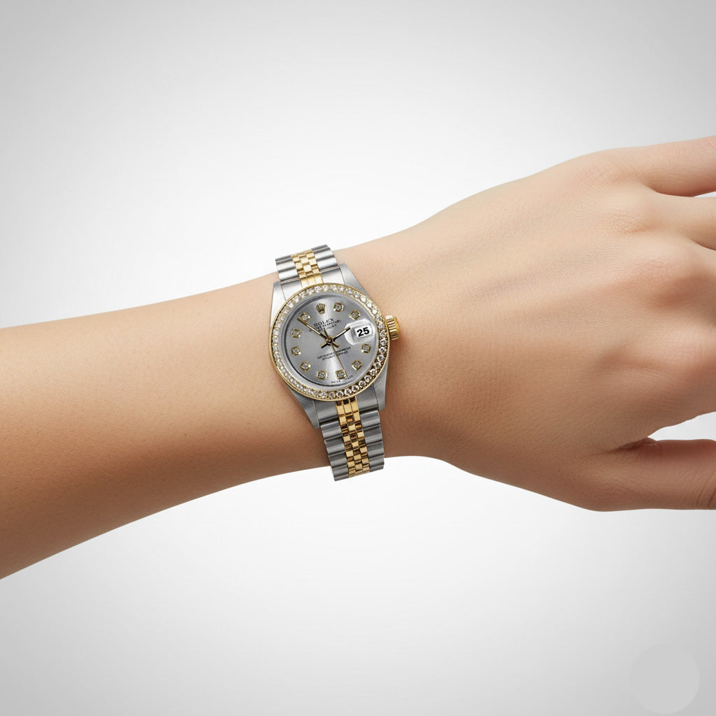 Rolex Silver Natural Earth Mined Diamond Dial Datejust Women Watch Two Tone Bracelet