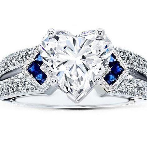 6.50 Carats Heart Cut Real Diamond With Sapphire Wedding Ring WG 14K