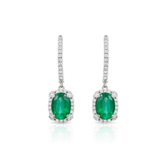 6.50 Ct. Oval Cut Green Emerald Diamond Dangle Earrings White Gold 14K