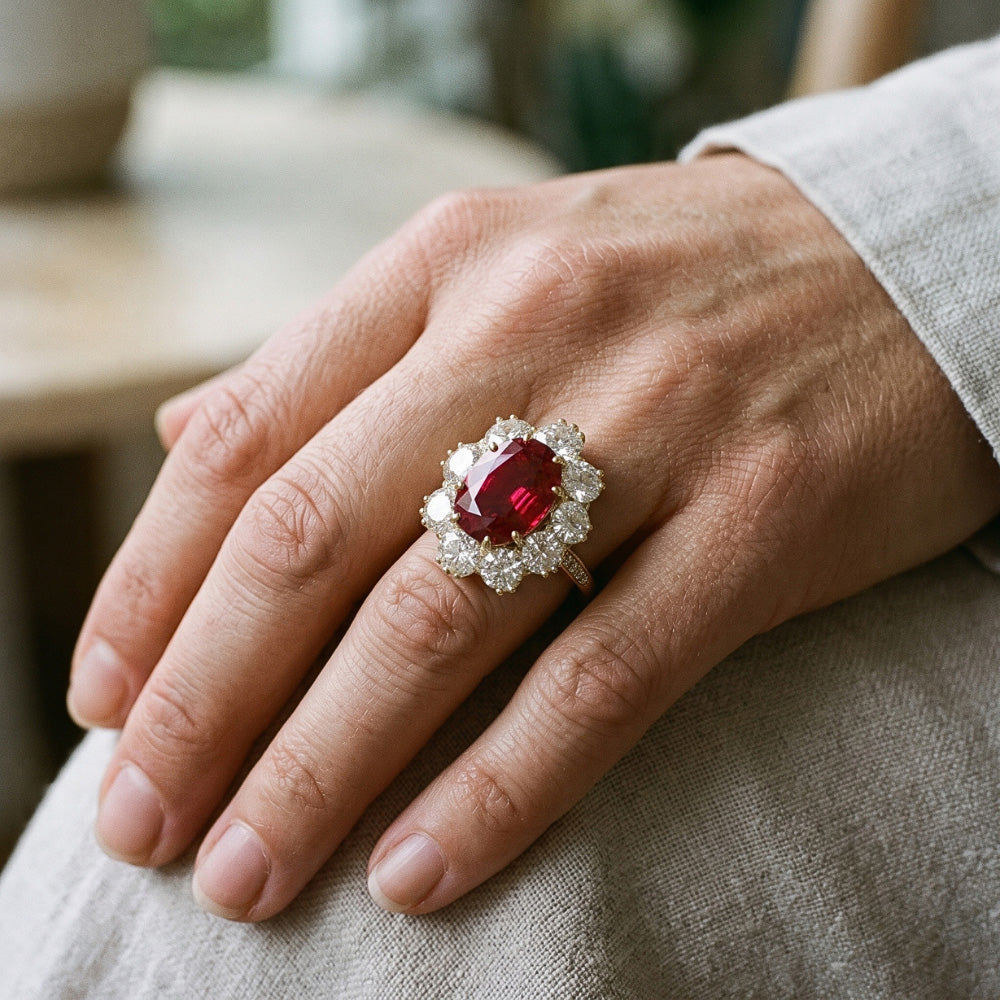 7.25 Ct Prong Set Oval Cut Garnet And Natural Earth Mined Diamonds Engagement Ring