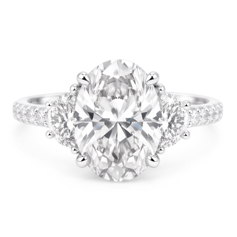 7.30 Carats Oval & Half Moon Real Natural Earth Mined Diamond 3 Stone Engagement Ring