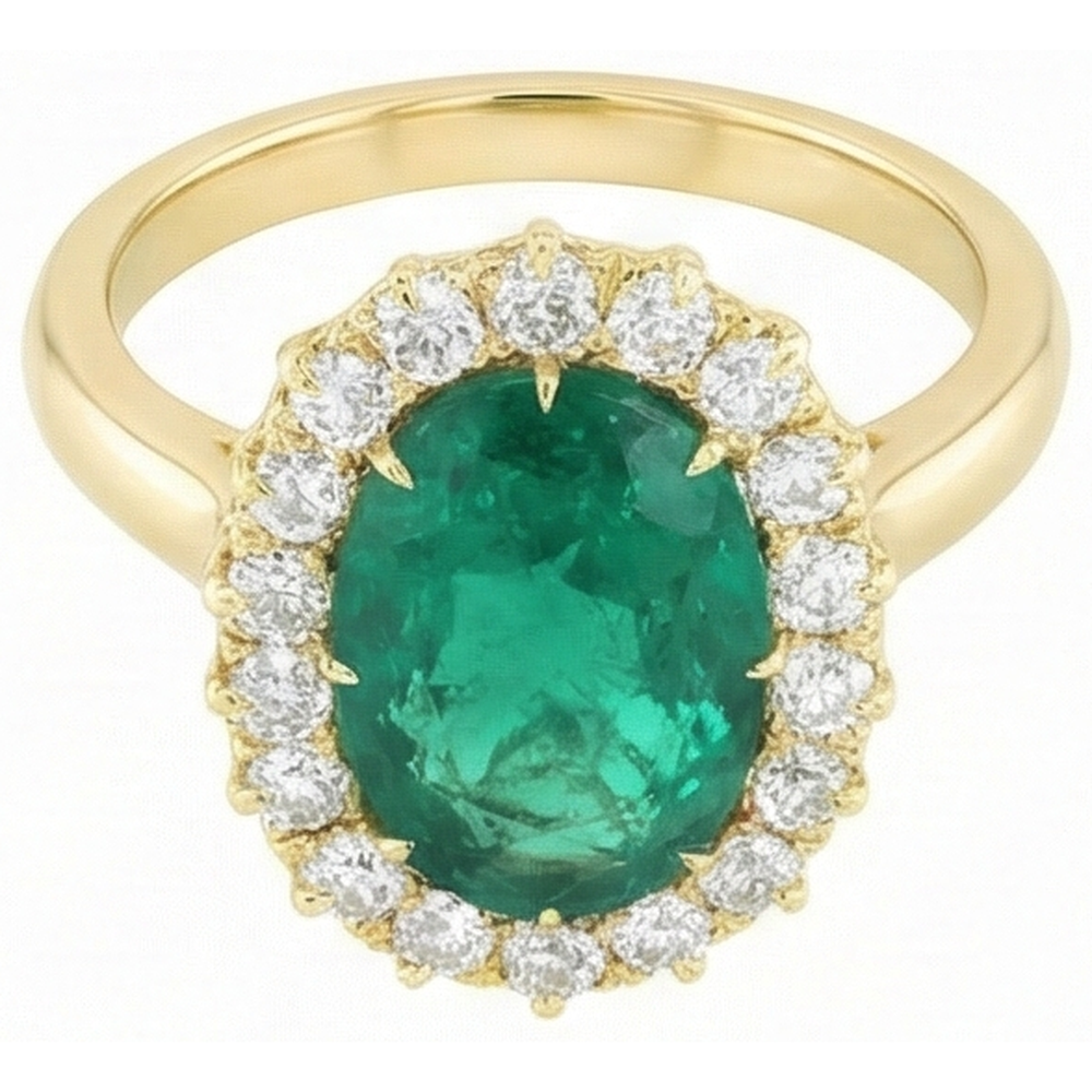 7.50 Carats Oval Green Emerald And Round Natural Earth Mined Diamonds Ring Yellow Gold 14K
