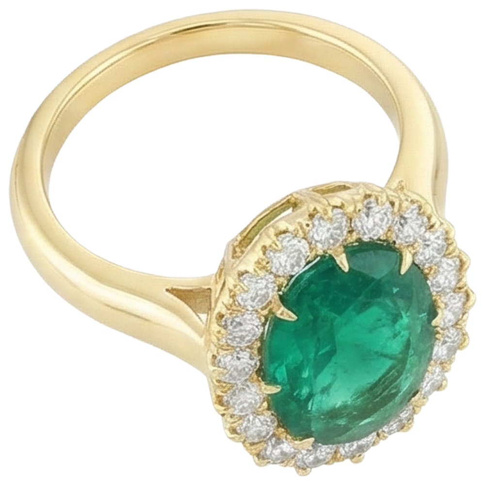 7.50 Carats Oval Green Emerald And Round Natural Earth Mined Diamonds Ring Yellow Gold 14K