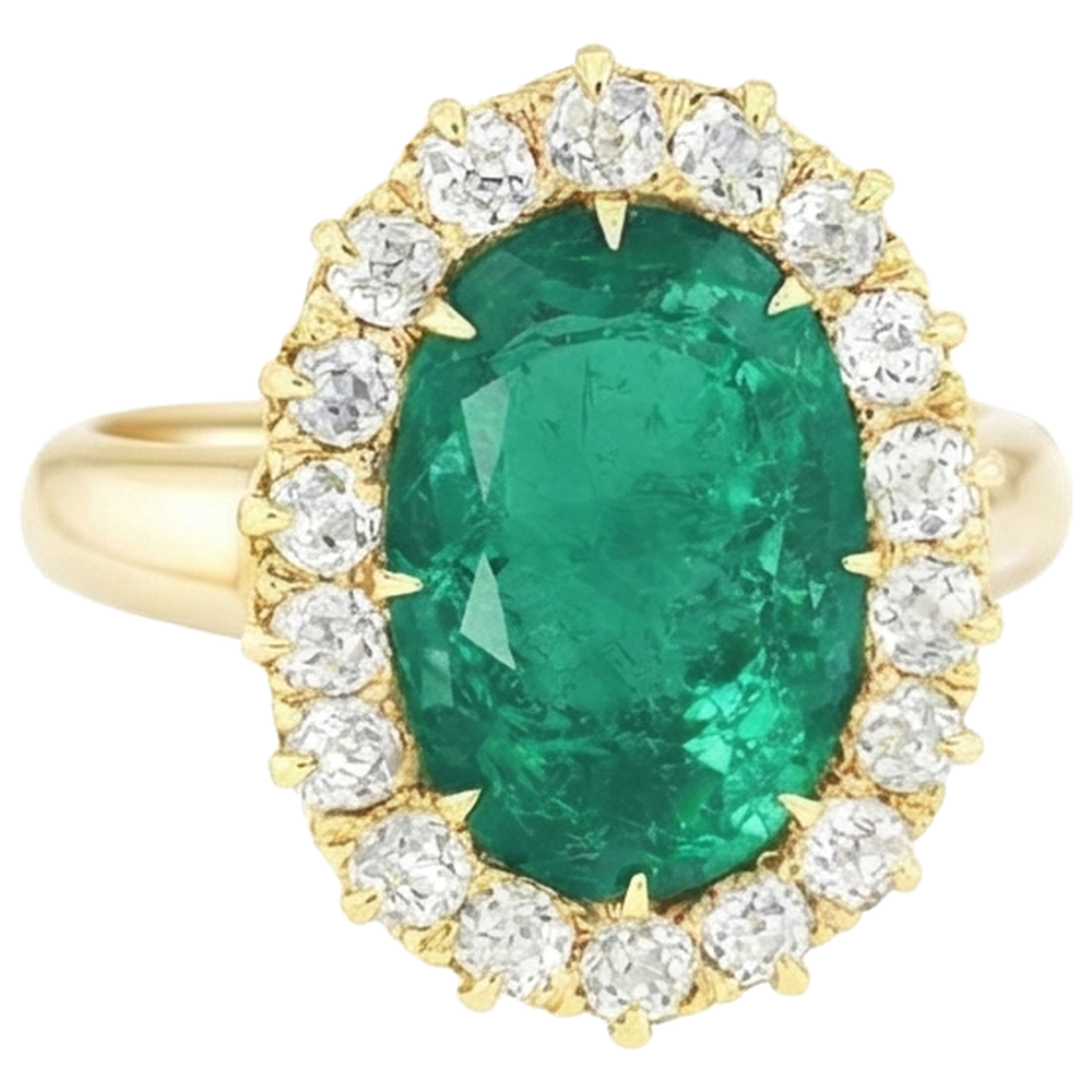 7.50 Carats Oval Green Emerald And Round Natural Earth Mined Diamonds Ring Yellow Gold 14K