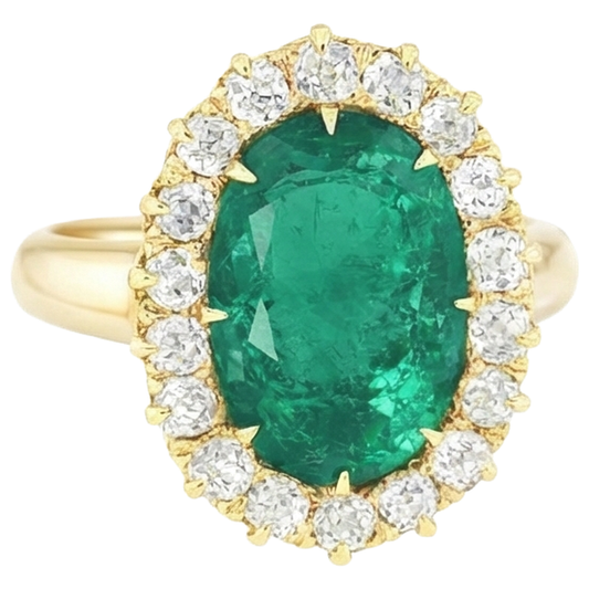 7.50 Carats Oval Green Emerald And Round Natural Earth Mined Diamonds Ring Yellow Gold 14K