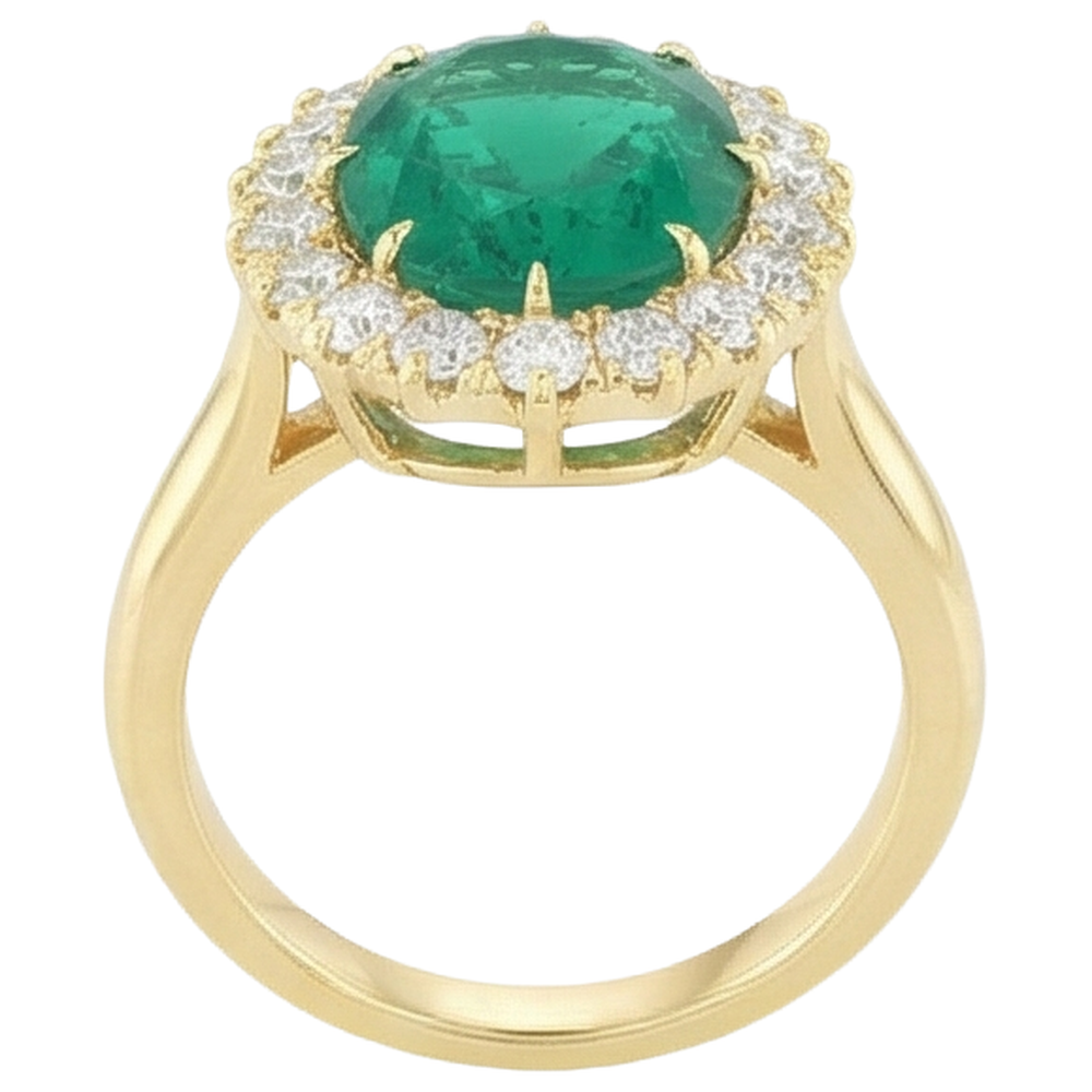 7.50 Carats Oval Green Emerald And Round Natural Earth Mined Diamonds Ring Yellow Gold 14K
