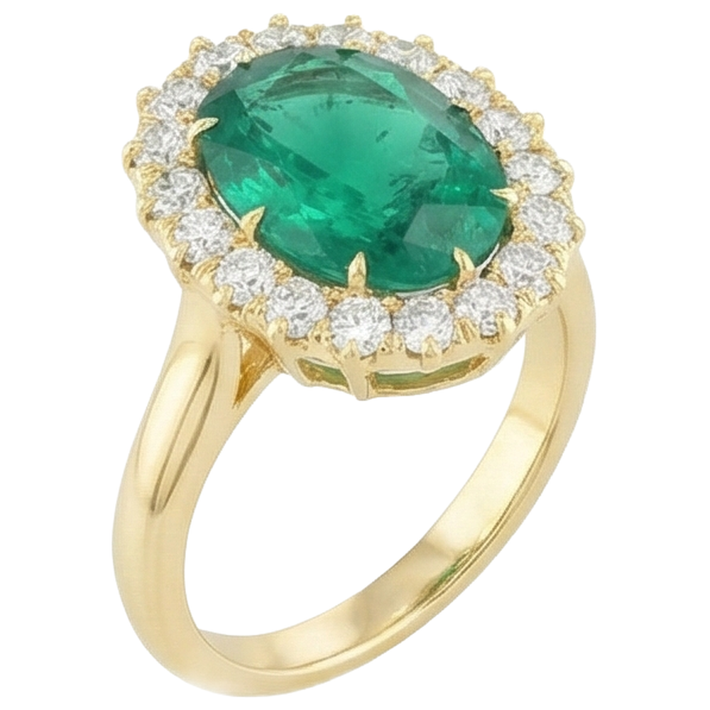 7.50 Carats Oval Green Emerald And Round Natural Earth Mined Diamonds Ring Yellow Gold 14K
