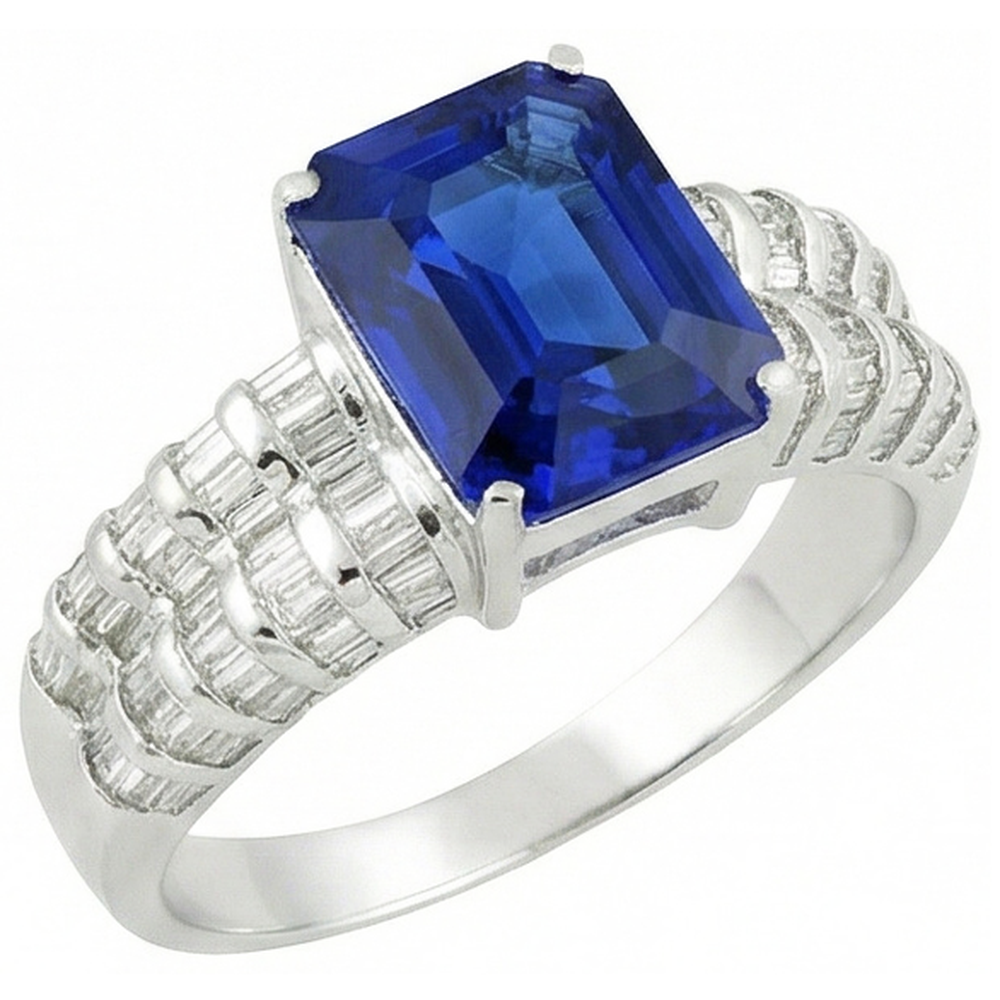 7.51 Ct Ceylon Sapphire Emerald And Baguette Natural Earth Mined DIAMOND ( NOT LAB GROWN )s White Gold Ring