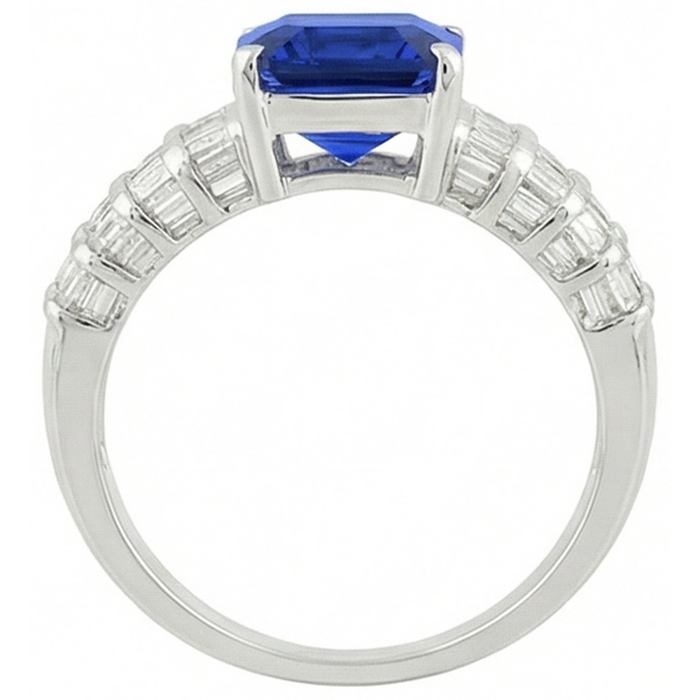 7.51 Ct Ceylon Sapphire Emerald And Baguette Natural Earth Mined DIAMOND ( NOT LAB GROWN )s White Gold Ring