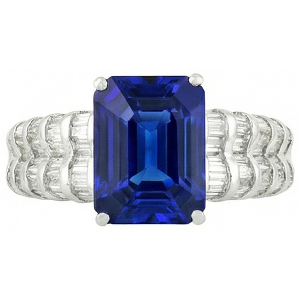 7.51 Ct Ceylon Sapphire Emerald And Baguette Natural Earth Mined DIAMOND ( NOT LAB GROWN )s White Gold Ring
