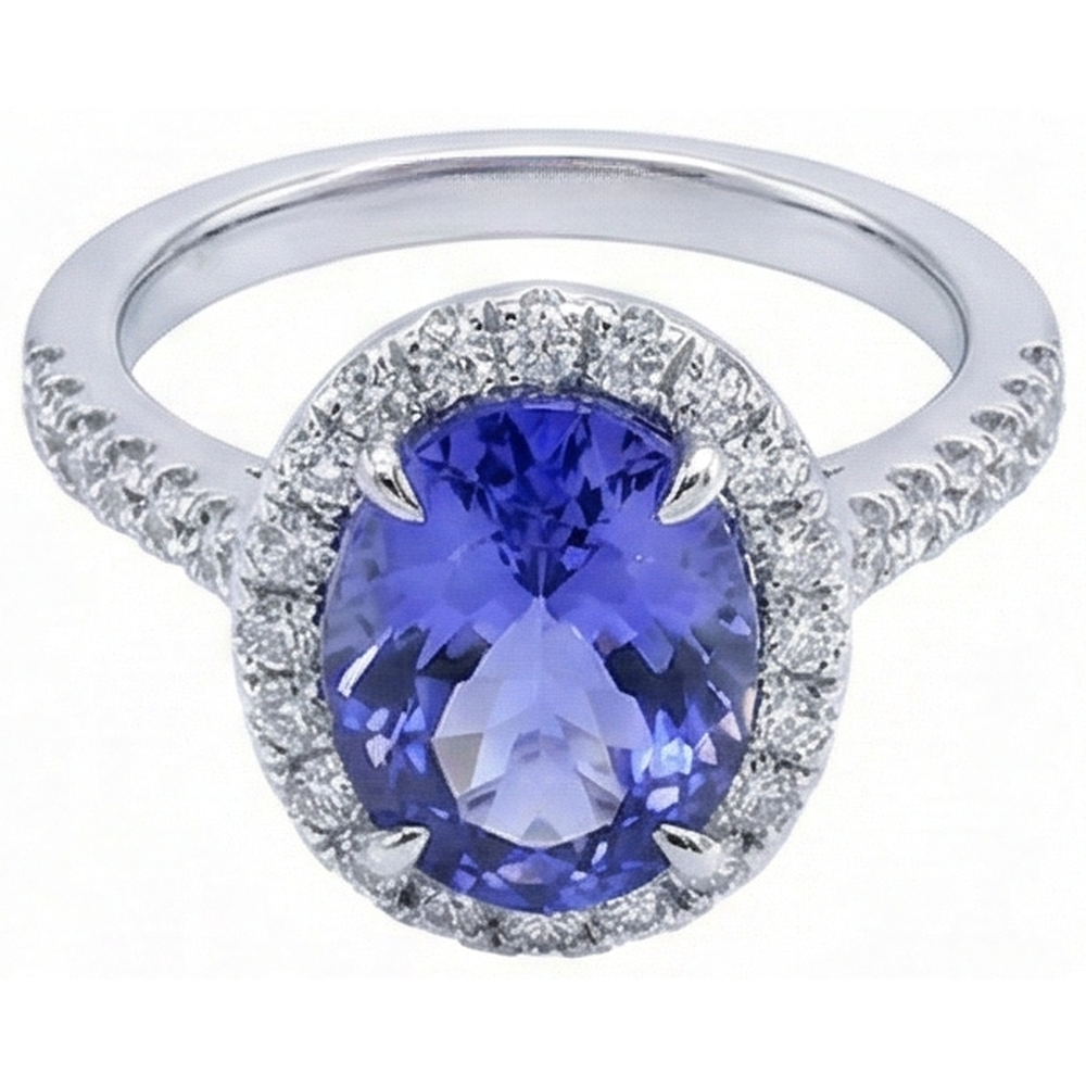 7.75 Ct Gold Jewellery Oval Tanzanite With Halo Natural Earth Mined Diamond Ring