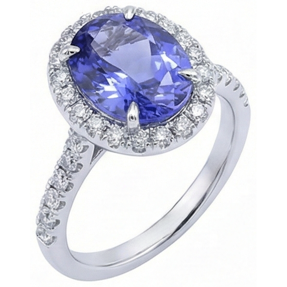 7.75 Ct Gold Jewellery Oval Tanzanite With Halo Natural Earth Mined Diamond Ring