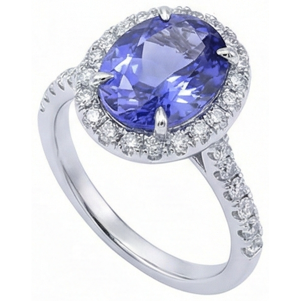 7.75 Ct Gold Jewellery Oval Tanzanite With Halo Natural Earth Mined Diamond Ring