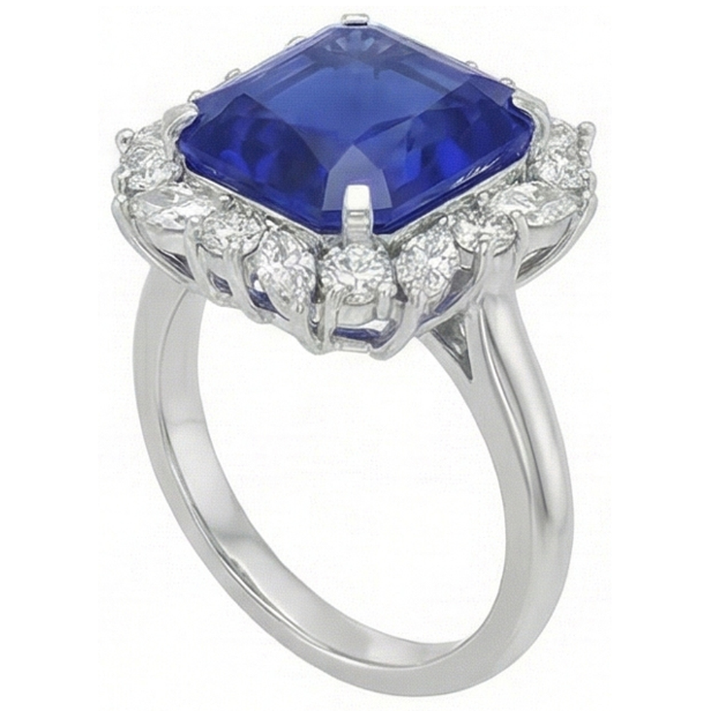 7 Carat Blue Asscher Sapphire Natural Earth Mined Diamond Ring