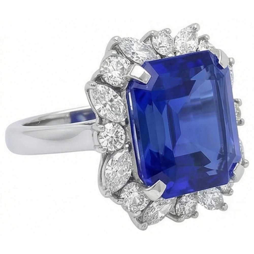 7 Carat Blue Asscher Sapphire Natural Earth Mined Diamond Ring
