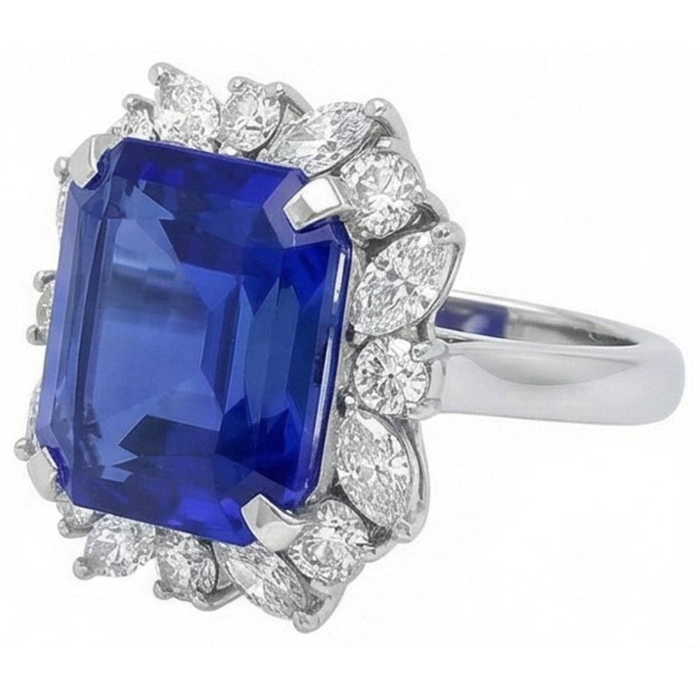7 Carat Blue Asscher Sapphire Natural Earth Mined Diamond Ring