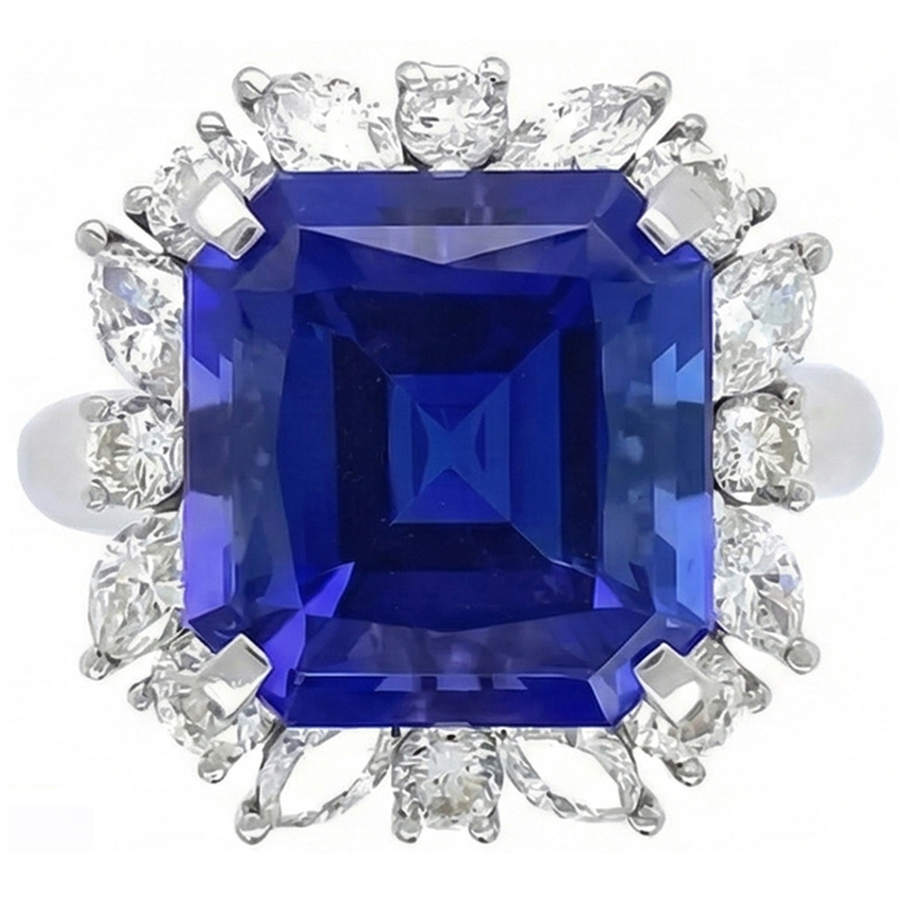 7 Carat Blue Asscher Sapphire Natural Earth Mined Diamond Ring