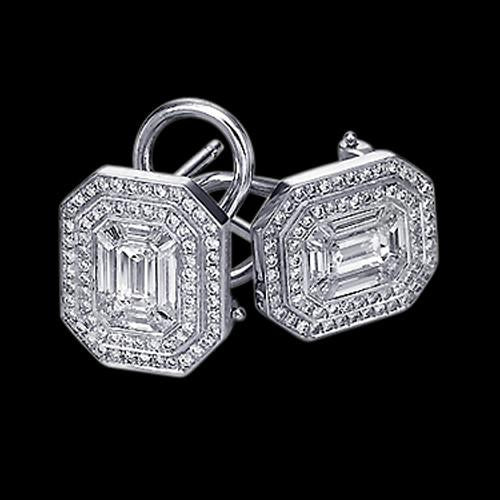 7 Carat Real Diamond Halo Earring Pair Emerald Cut Earrings