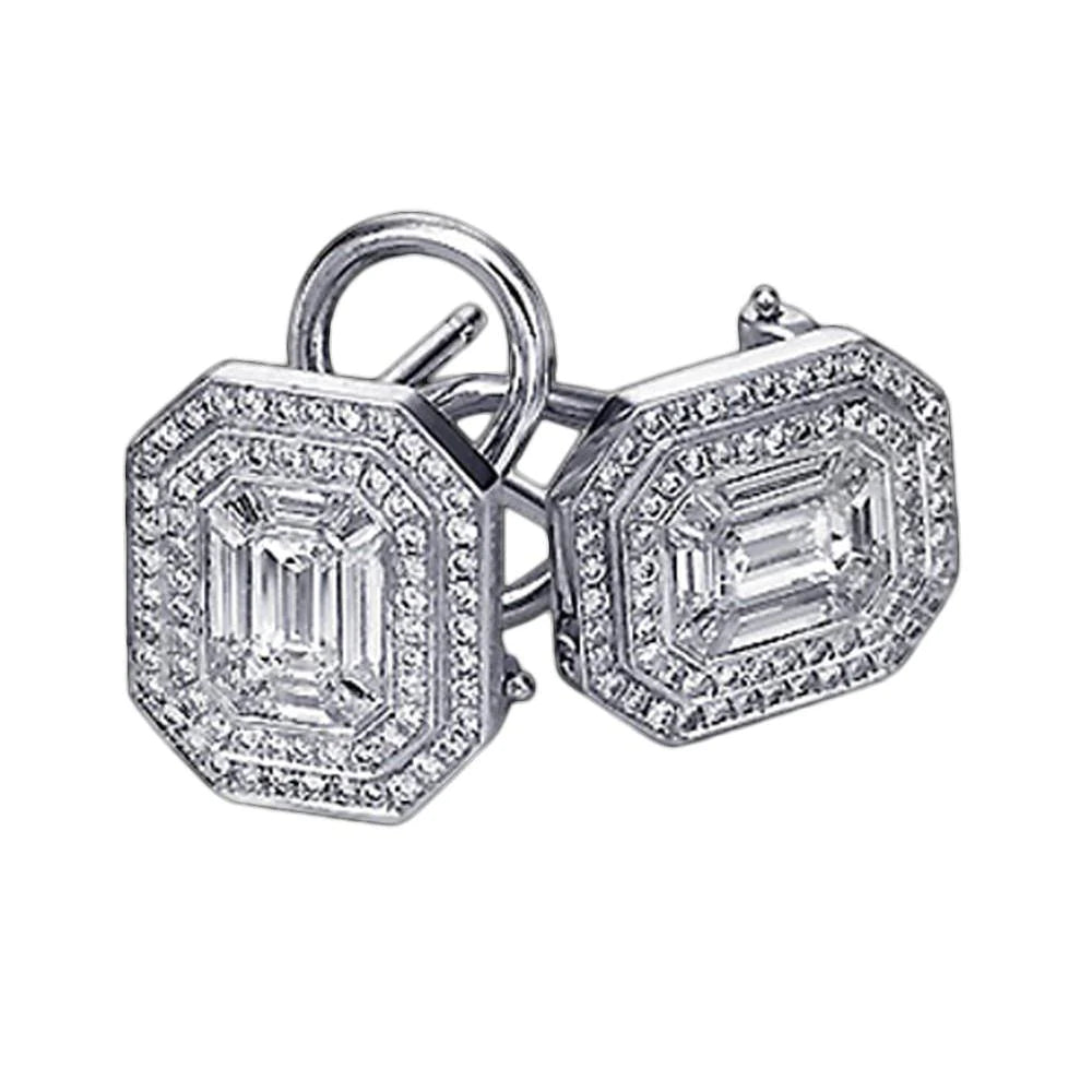 7 Carat Real Diamond Halo Earring Pair Emerald Cut Earrings