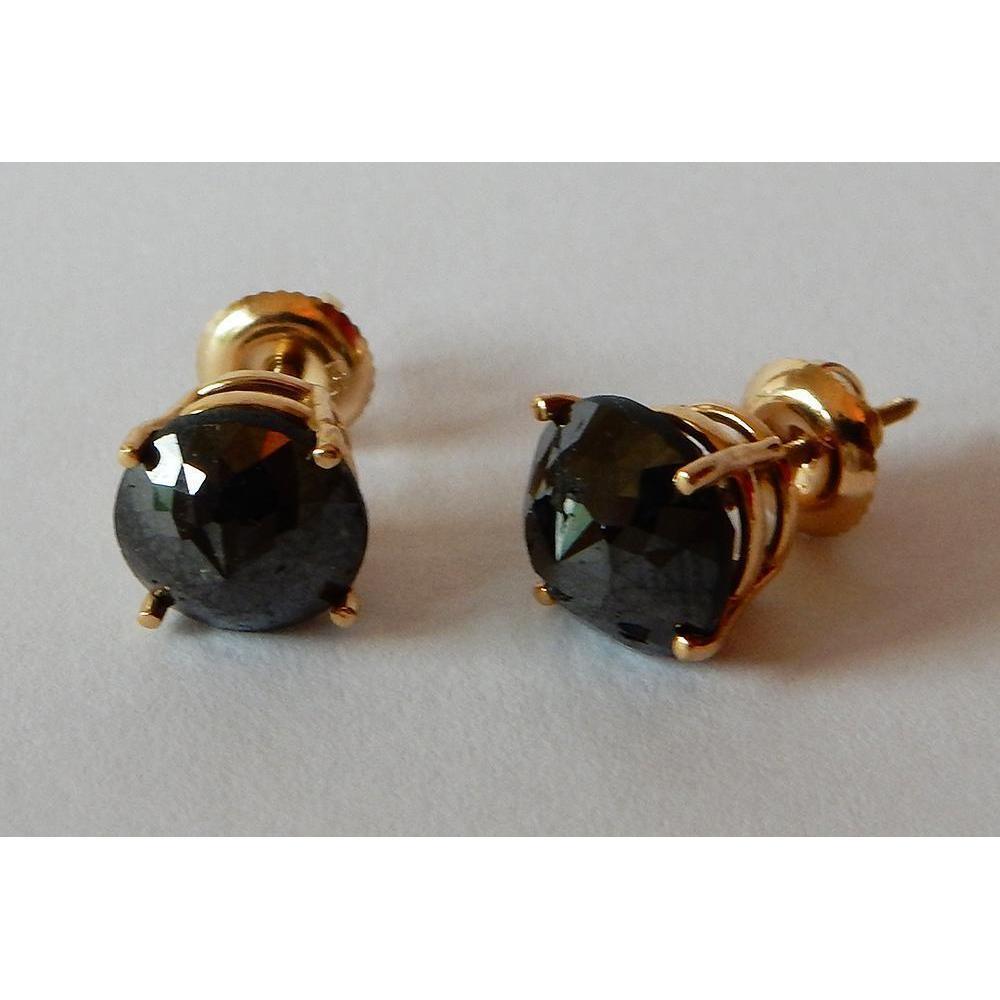 7 Carats Stud Earrings Round Natural Black Diamonds Yellow Gold Finish