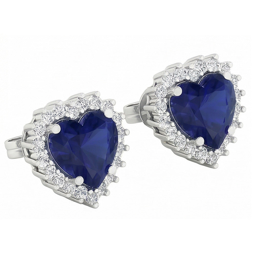 7 Ct Blue Sapphire & Round Natural Earth Mined Diamonds Lady Studs Earring White Gold